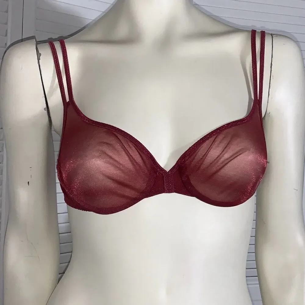 VICTORIA'S SECRET Vintage‎ 1997 Sheer Unpadded Bra Underwire Red Shimmer 34B